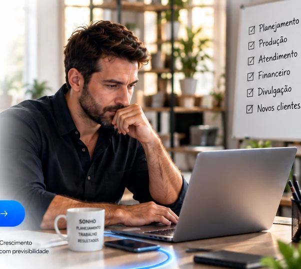 Empreendedor concentrado em seu trabalho diante de um notebook